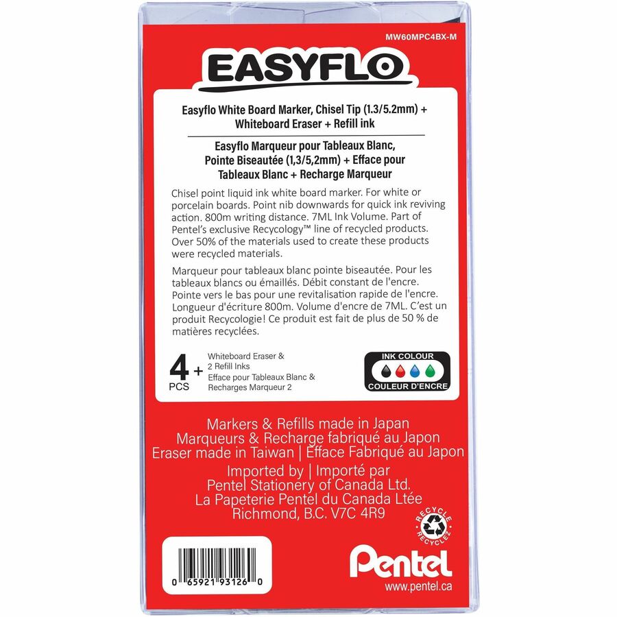 Pentel Easyflo White Board Marker with Board Eraser Set - Chisel Point (1.3/5.2mm) - MW60MPC4BXM