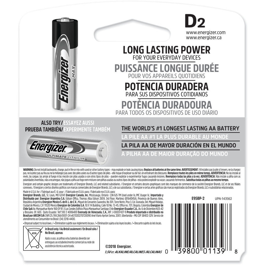 Energizer MAX Alkaline D Batteries, 2 Pack - E95BP-2