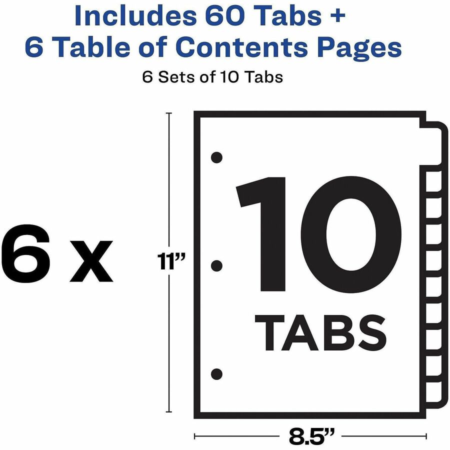 Avery® Ready Index® Table of Content Dividersfor Laser and Inkjet Printers, 10 tabs, 6 sets - 11188