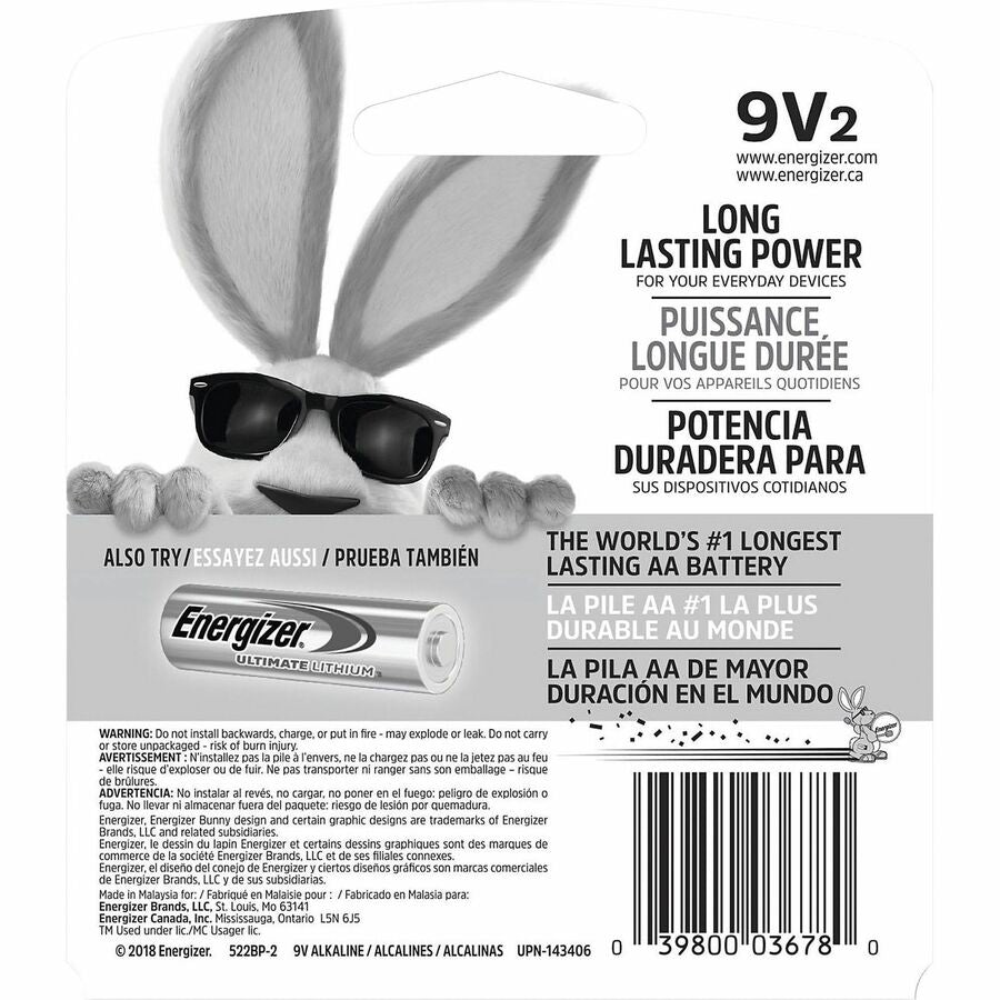 Energizer 9-Volt MAX Alkaline Batteries - 522BP-2