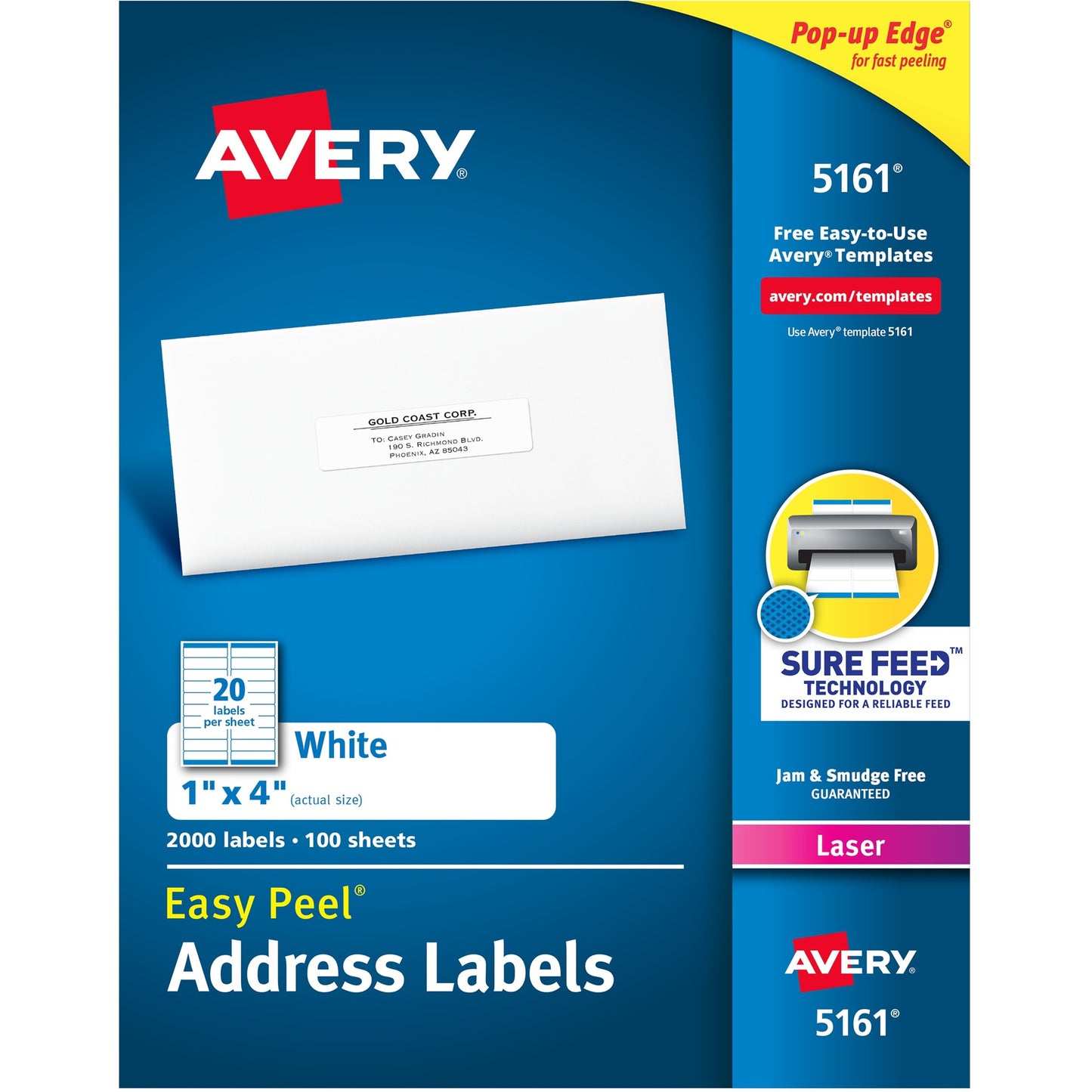 Avery® Easy Peel(R) Address Labels, Sure Feed(TM) Technology, Permanent Adhesive, 1" x 4" , 2,000 Labels (5161)
