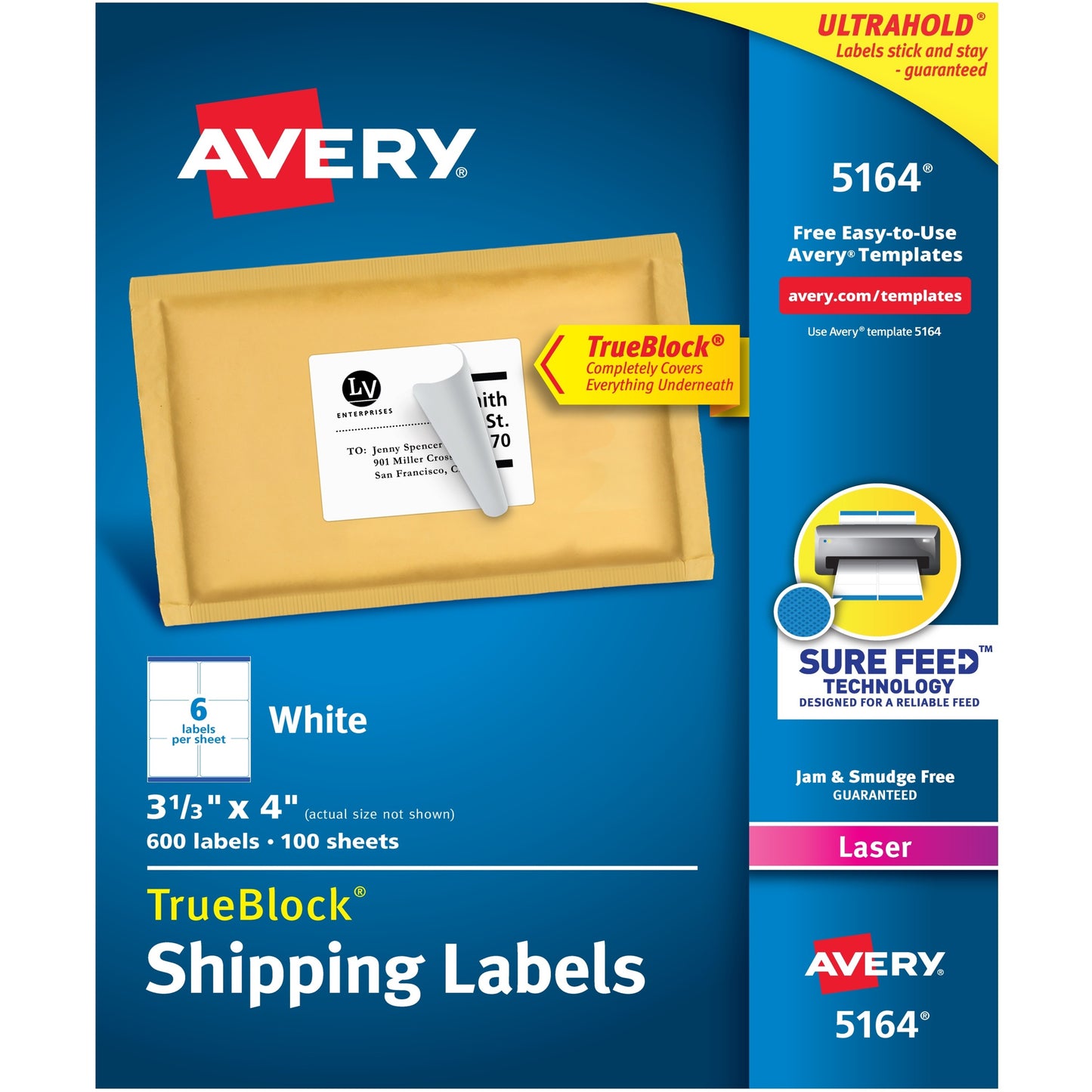 Avery® TrueBlock(R) Shipping Labels, Sure Feed(TM) Technology, Permanent Adhesive, 3-1/3" x 4" , 600 Labels (5164)