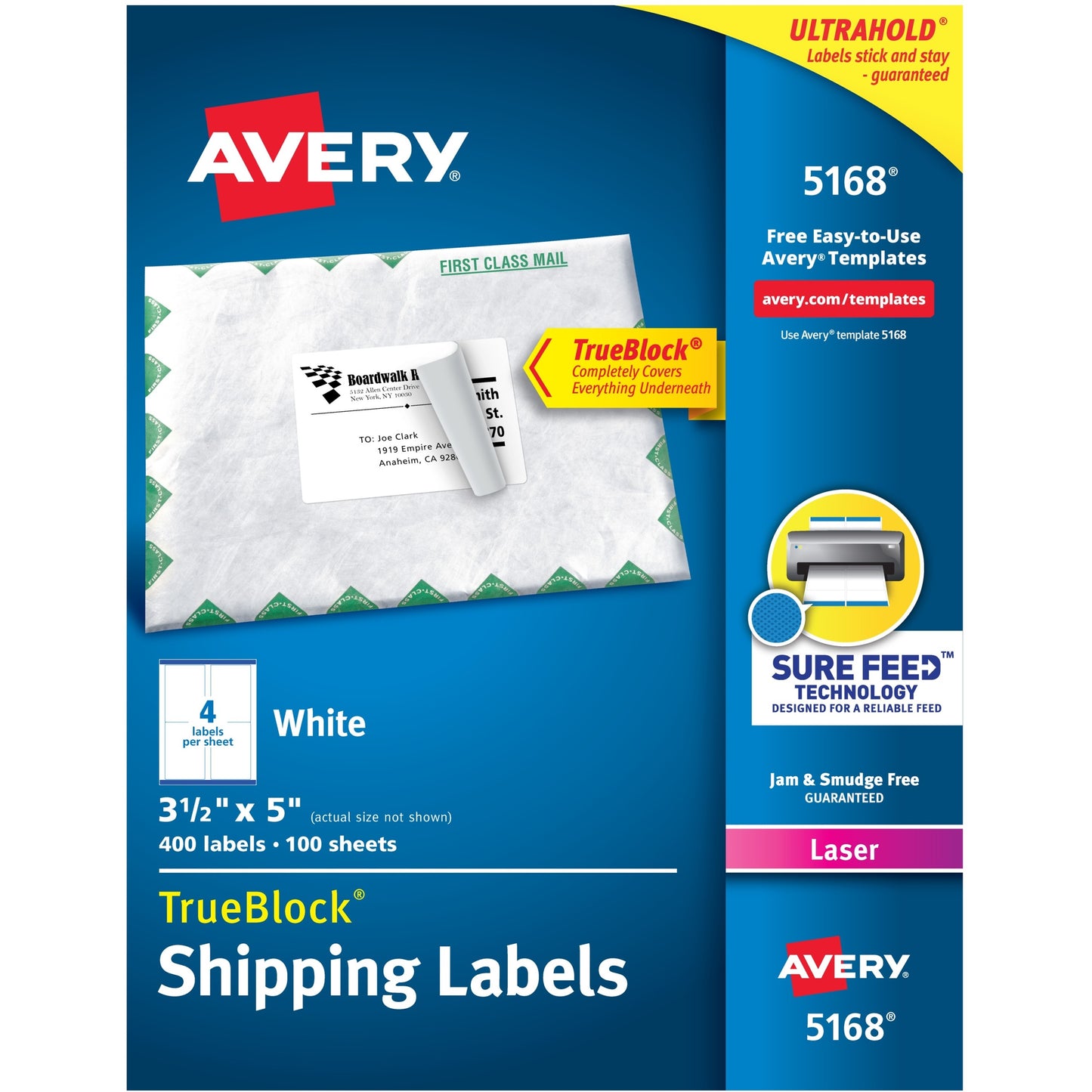 Avery® TrueBlock(R) Shipping Labels, Sure Feed(TM) Technology, Permanent Adhesive, 3-1/2" x 5" , 400 Labels (5168)