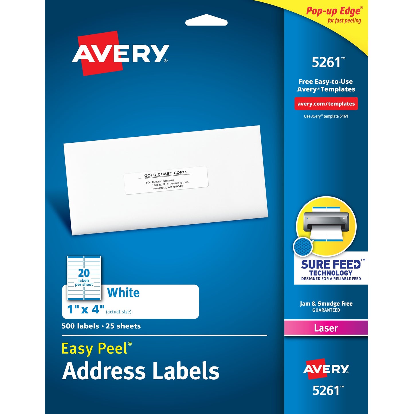 Avery® Easy Peel(R) Address Labels, Sure Feed(TM) Technology, Permanent Adhesive, 1" x 4" , 500 Labels (5261)