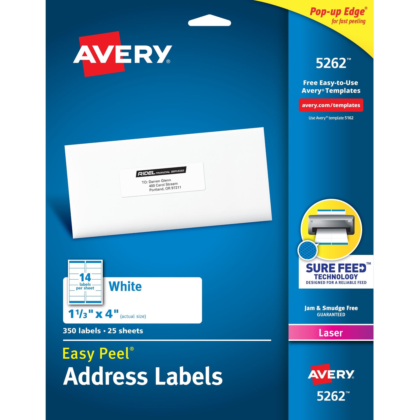 Avery® Easy Peel(R) Address Labels, Sure Feed(TM) Technology, Permanent Adhesive, 1-1/3" x 4" , 350 Labels (5262)