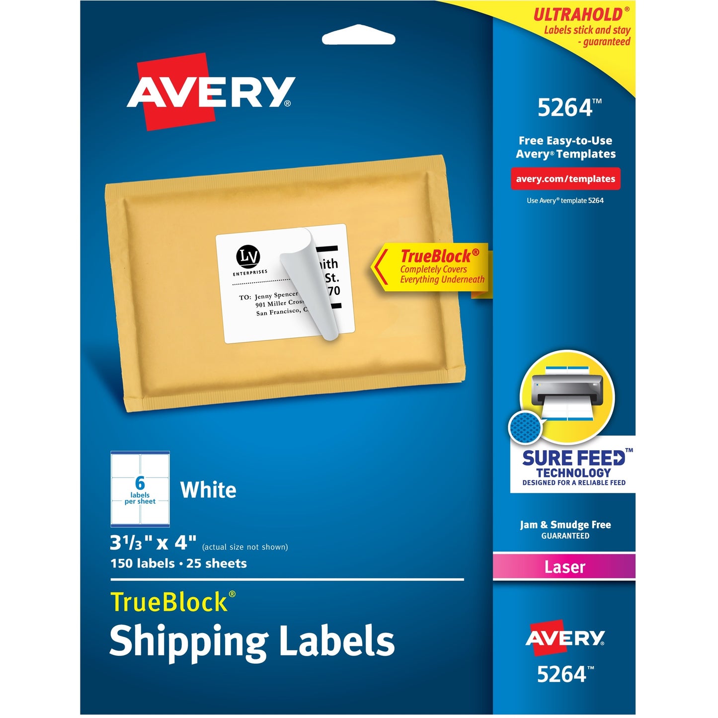 Avery® TrueBlock(R) Shipping Labels, Sure Feed(TM) Technology, Permanent Adhesive, 3-1/3" x 4" , 150 Labels (5264)