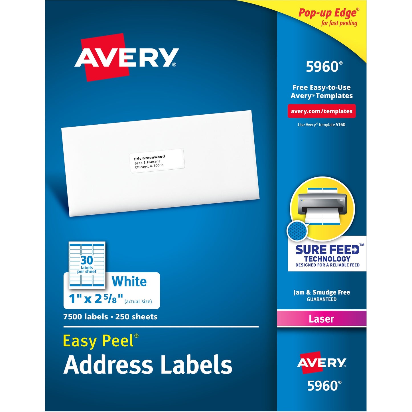 Avery® Easy Peel(R) Address Labels, Sure Feed(TM) Technology, Permanent Adhesive, 1" x 2-5/8" , 7,500 Labels (5960)