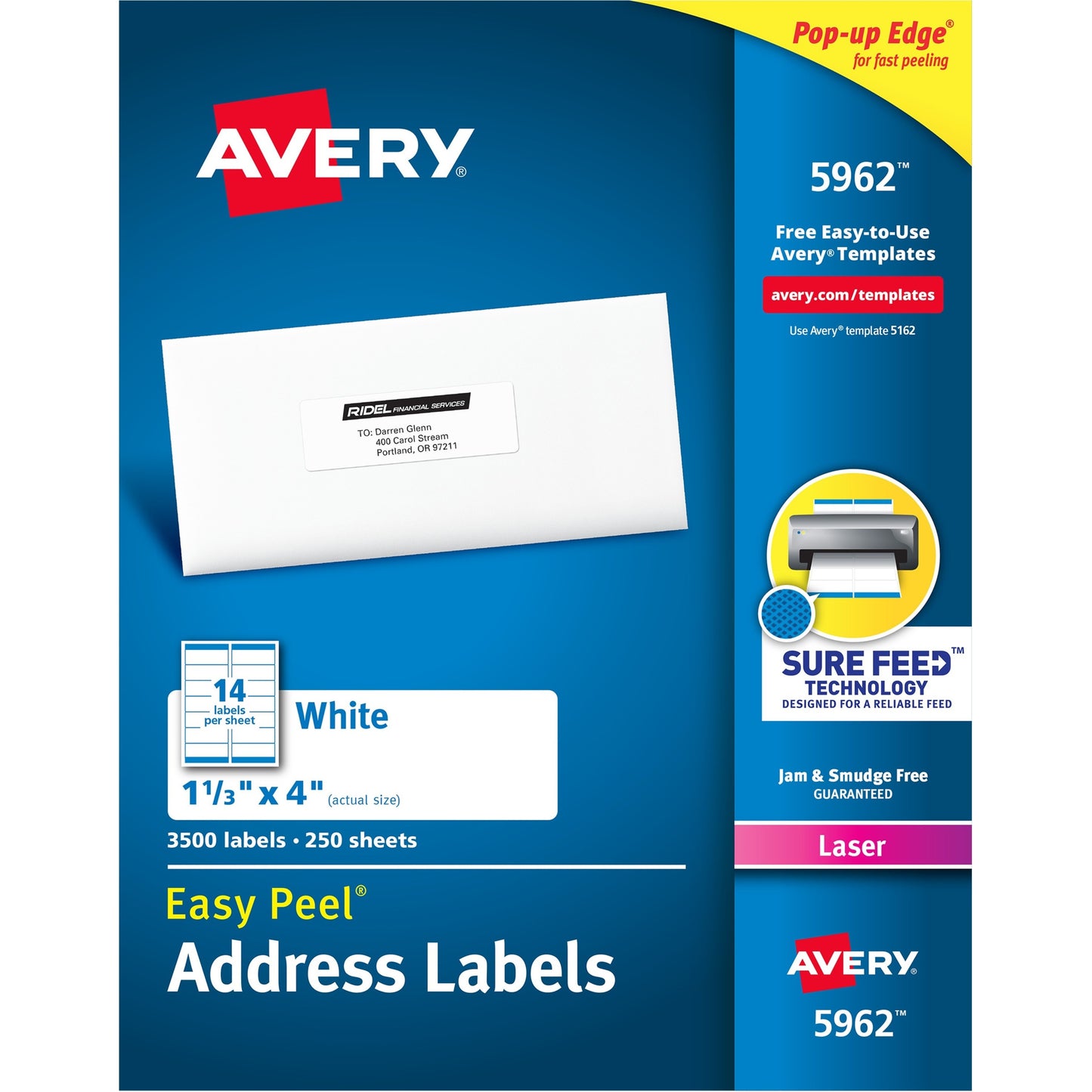 Avery® Easy Peel(R) Address Labels, Sure Feed(TM) Technology, Permanent Adhesive, 1-1/3" x 4" , 3,500 Labels (5962)