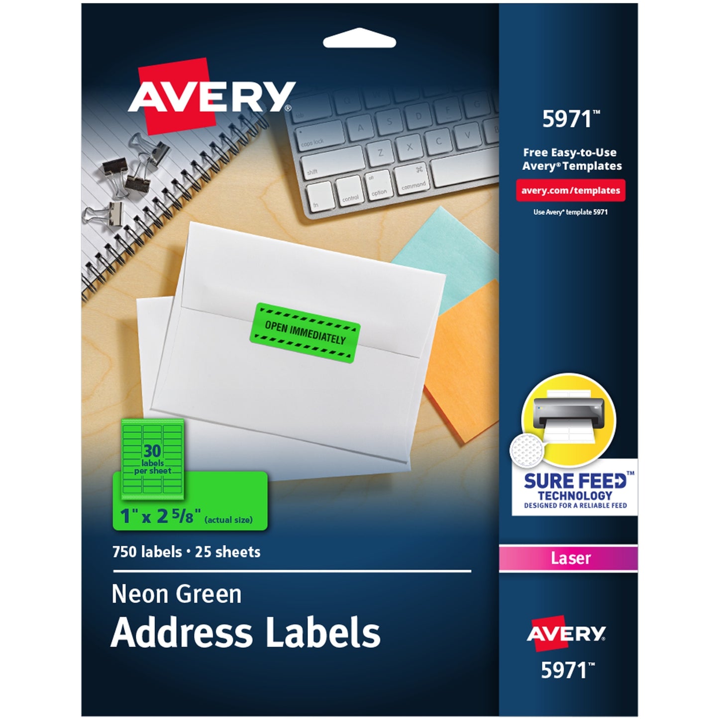 Avery® Neon Address Labels with Sure Feed(TM) for Laser Printers, 1" x 2 5/8" , 750 Green Labels (5971)