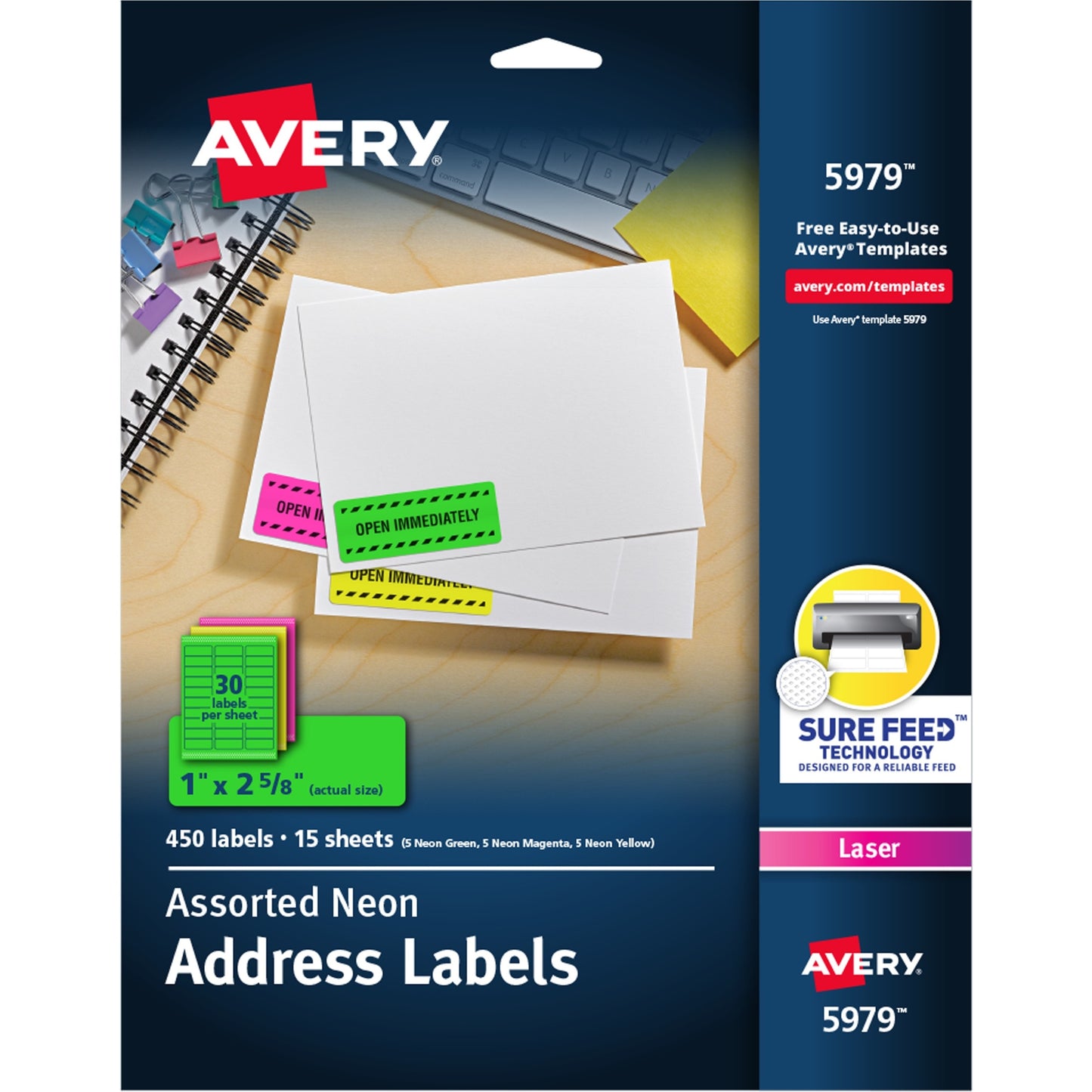 Avery® Neon Address Labels with Sure Feed(TM) for Laser Printers, 1 x 2 5/8" , Assorted Colors, 450 Labels (5979)