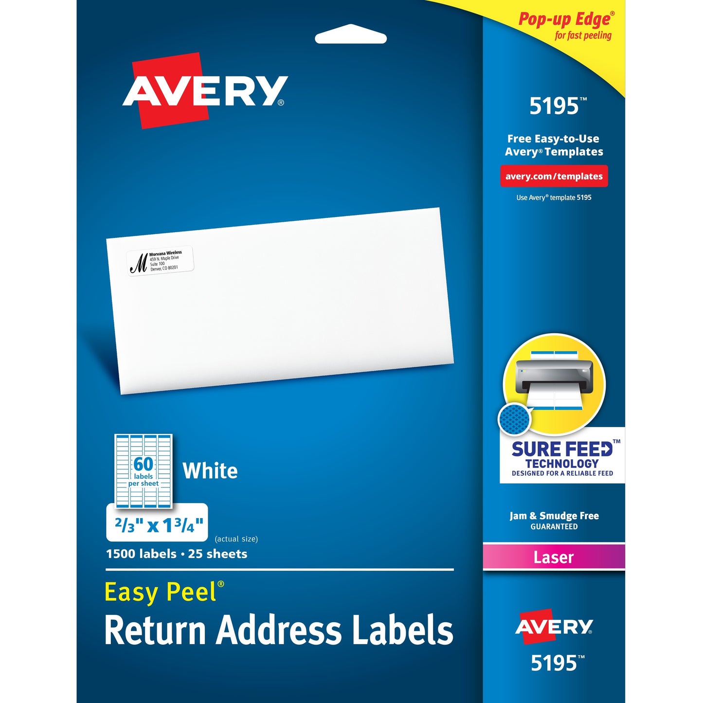 Avery® Easy Peel(R) Return Address Labels, Sure Feed(TM) Technology, Permanent Adhesive, 2/3" x 1-3/4" , 1,500 Labels (5195)