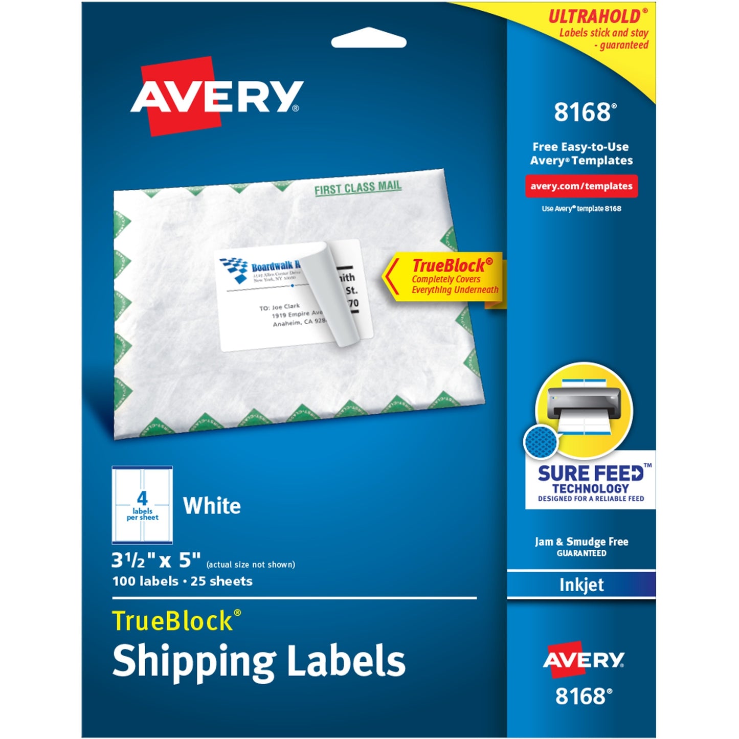 Avery® TrueBlock(R) Shipping Labels, Sure Feed(TM) Technology, Permanent Adhesive, 3-1/2" x 5" , 100 Labels (8168)