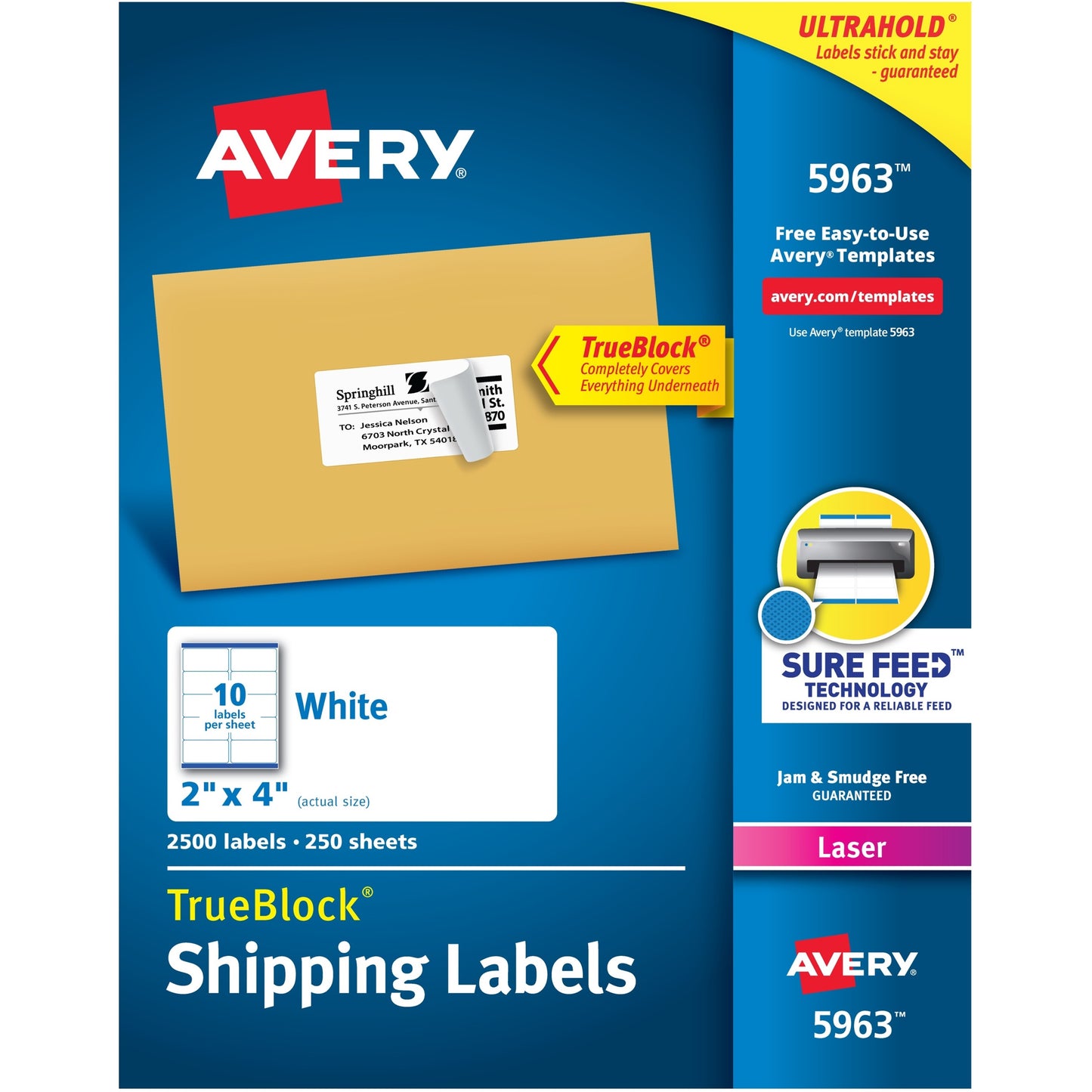 Avery® TrueBlock(R) Shipping Labels, Sure Feed(TM) Technology, Permanent Adhesive, 2" x 4" , 2,500 Labels (5963)