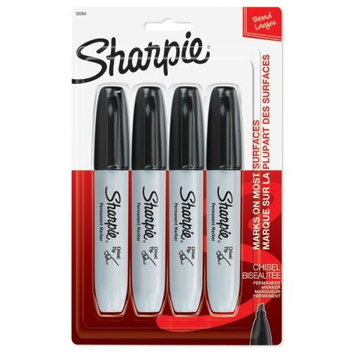 Sharpie Permanent Markers, Chisel Tip, Black Ink, Pack Of 4 Markers