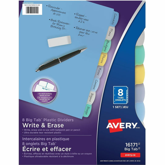 Avery&reg; Big Tab&trade; Write & Erase Plastic Dividers, 8 tabs, 1 set