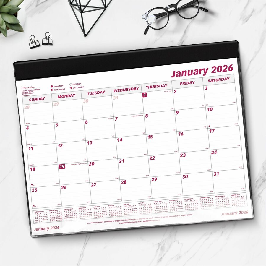 Brownline 2026 12-Month Monthly Desk Pad Calendar with Vinyl Holder - January to December - 24-1/4" x 19-1/8" - English - C191924