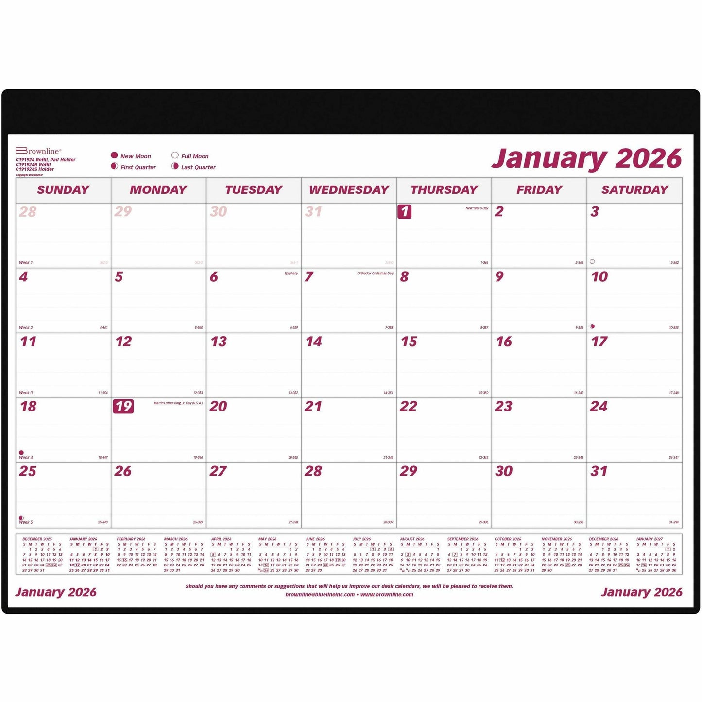 Brownline 2026 12-Month Monthly Desk Pad Calendar with Vinyl Holder - January to December - 24-1/4" x 19-1/8" - English