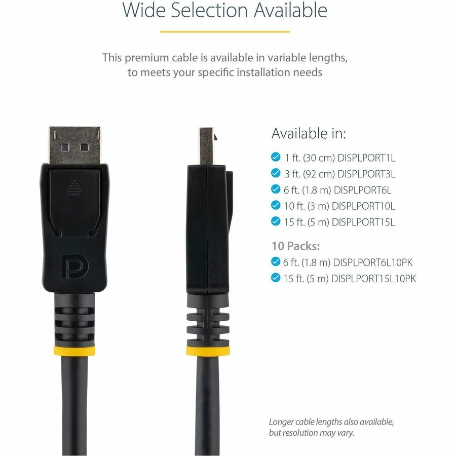 StarTech.com 6ft (2m) DisplayPort 1.2 Cable, 4K x 2K UHD VESA Certified DisplayPort Cable, DP Cable/Cord for Monitor, w/ Latches - DISPLPORT6L