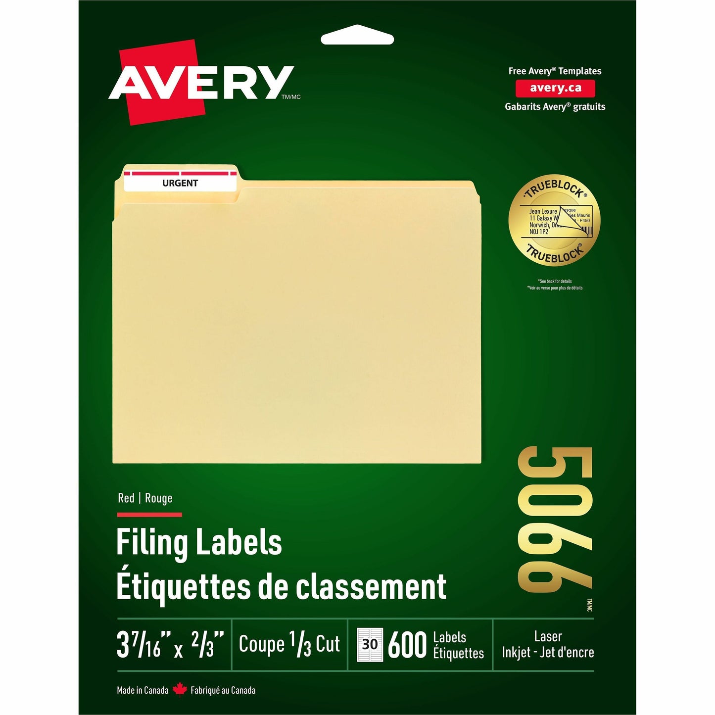 Avery&reg; Filing Labelswith TrueBlock&trade; Technology for Laser and Inkjet Printers, 3-7/16" x 2/3" , Red