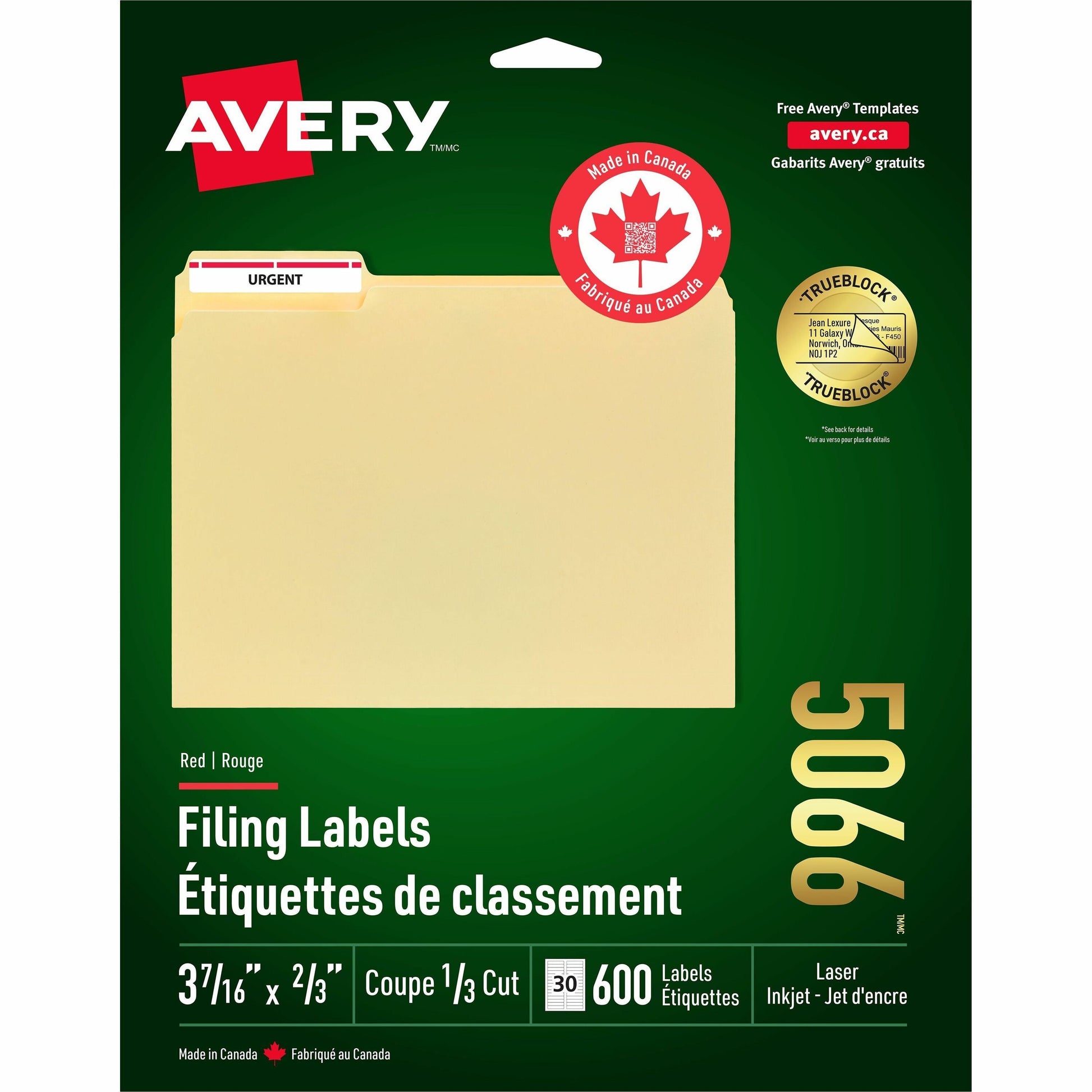 Avery Red Filing Labels with TrueBlock™ Technology for Laser and Inkjet Printers, 3-7/16" x 2/3"