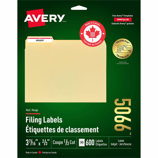 Avery Red Filing Labels with TrueBlock™ Technology for Laser and Inkjet Printers, 3-7/16" x 2/3"