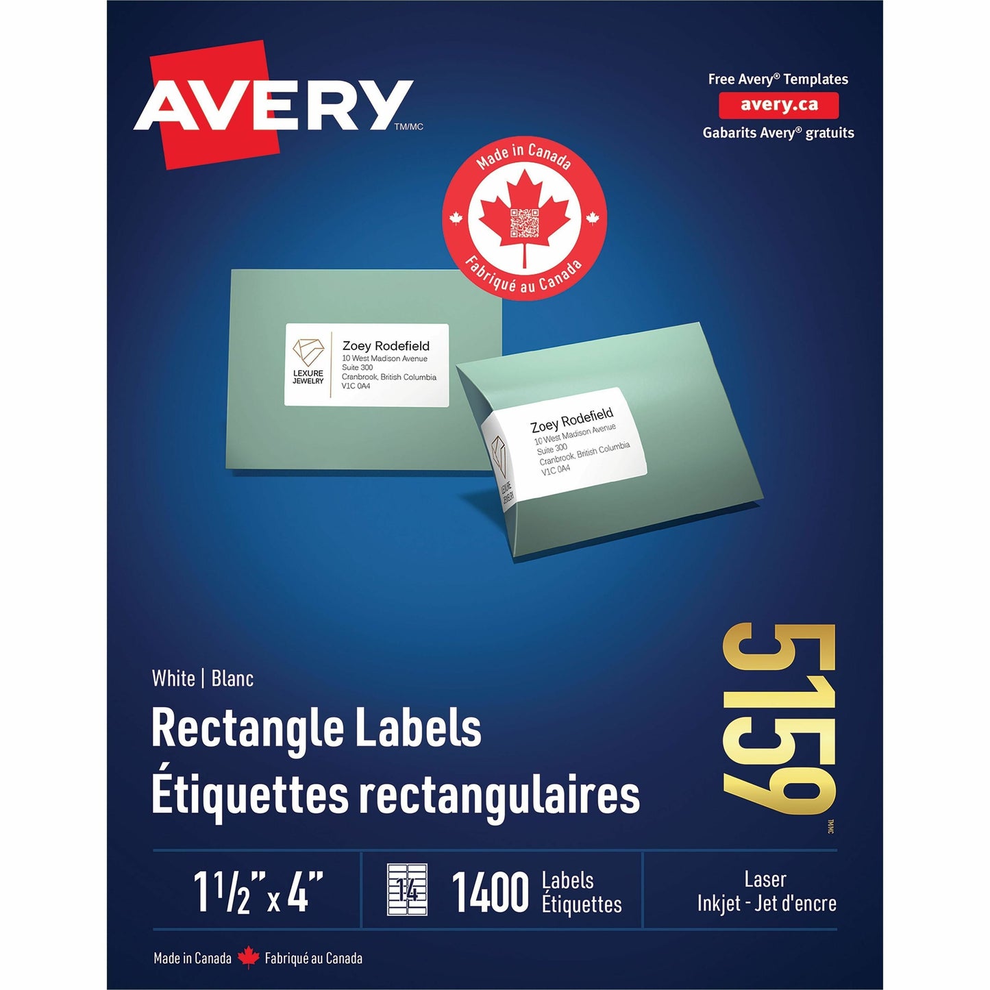 Avery White Rectangle Labels 1 1/2" x 4" , Permanent Adhesive, for Laser and Inkjet Printers