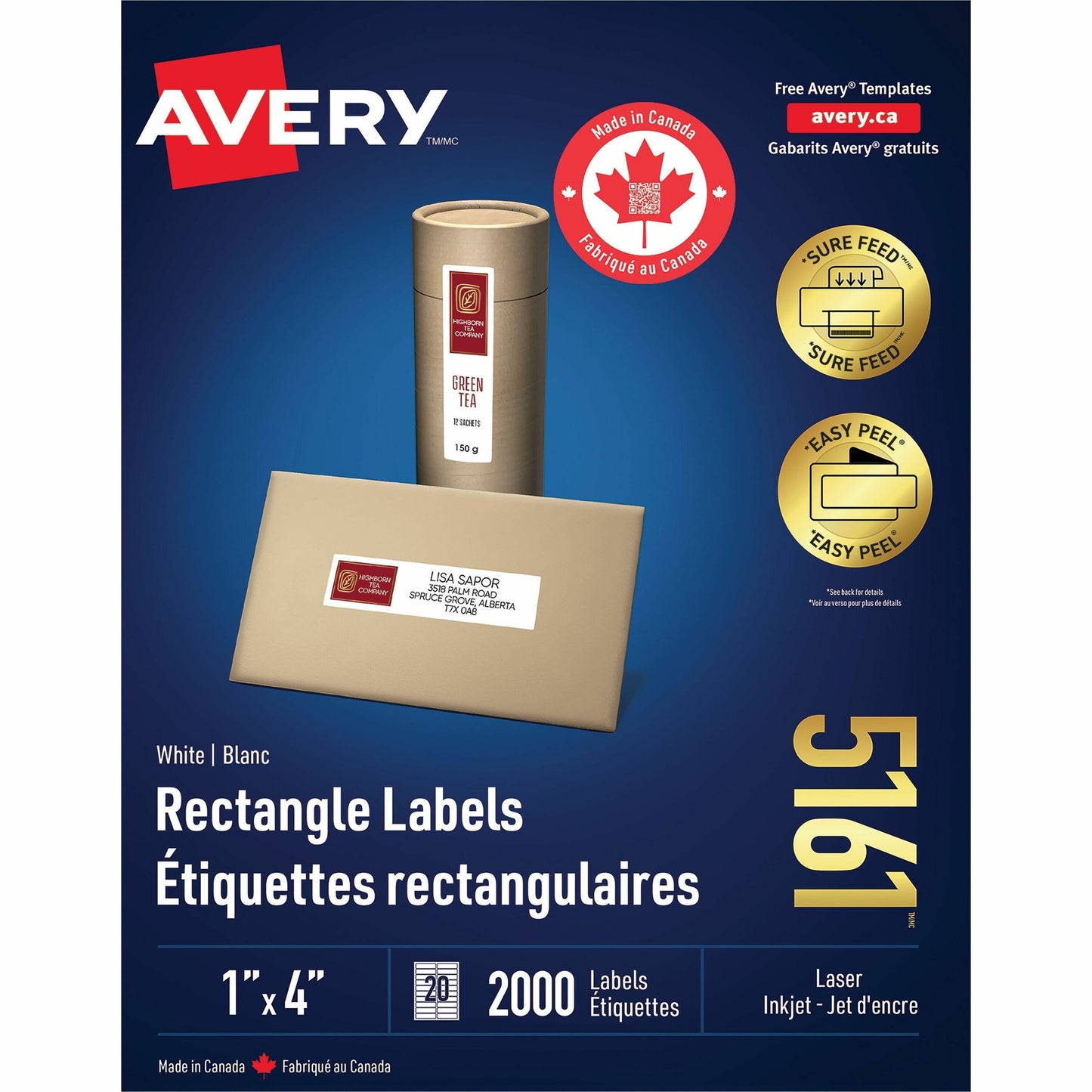 Avery White Rectangle Labels with Sure Feed™ Technology Easy Peel&reg;, 1" x 4" , Permanent Adhesive, for Laser and Inkjet Printers