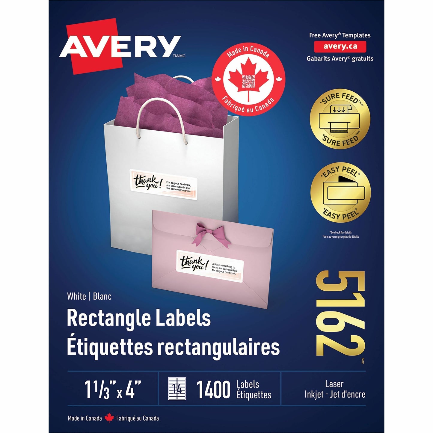 White Rectangle Labels with Easy Peel&reg; Sure Feed™ 1-1/3" x 4" for Laser and Inkjet Printers