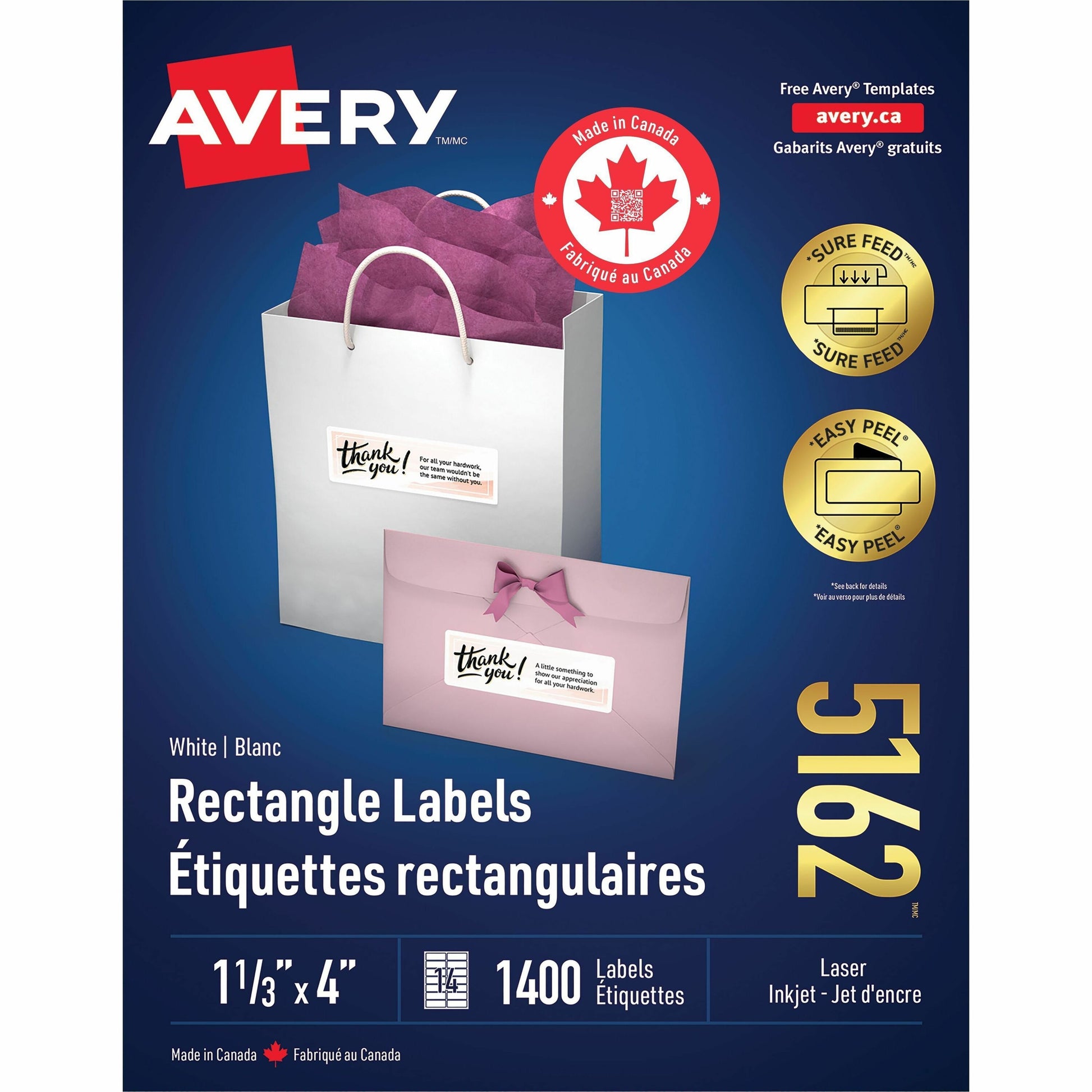White Rectangle Labels with Easy Peel&reg; Sure Feed™ 1-1/3" x 4" for Laser and Inkjet Printers