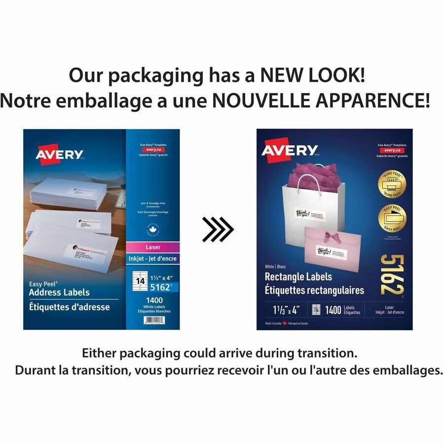 White Rectangle Labels with Easy Peel&reg; Sure Feed™ 1-1/3" x 4" for Laser and Inkjet Printers - 05162