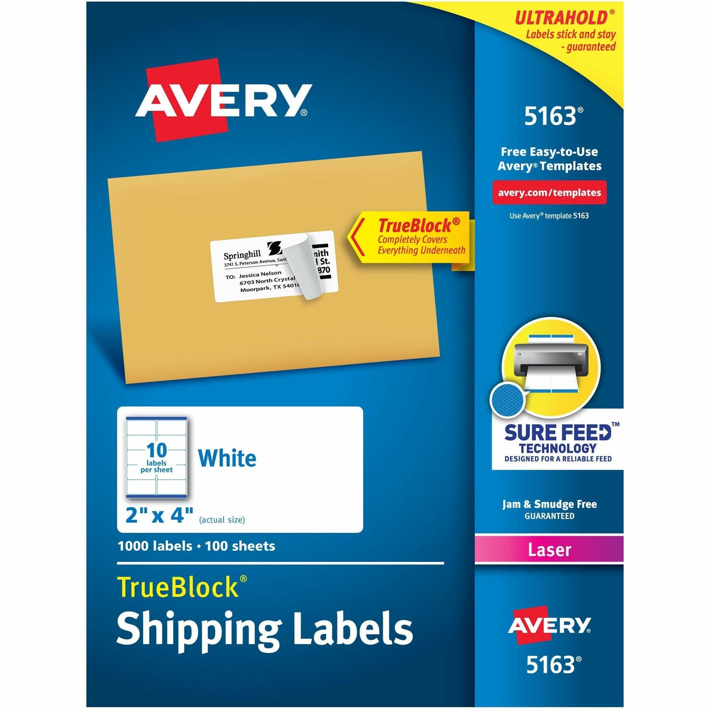 Avery&reg; White Rectangle Labels with Sure Feed&trade; Technology,TrueBlock&reg;, 2" x 4" , for Laser and Inkjet Printers