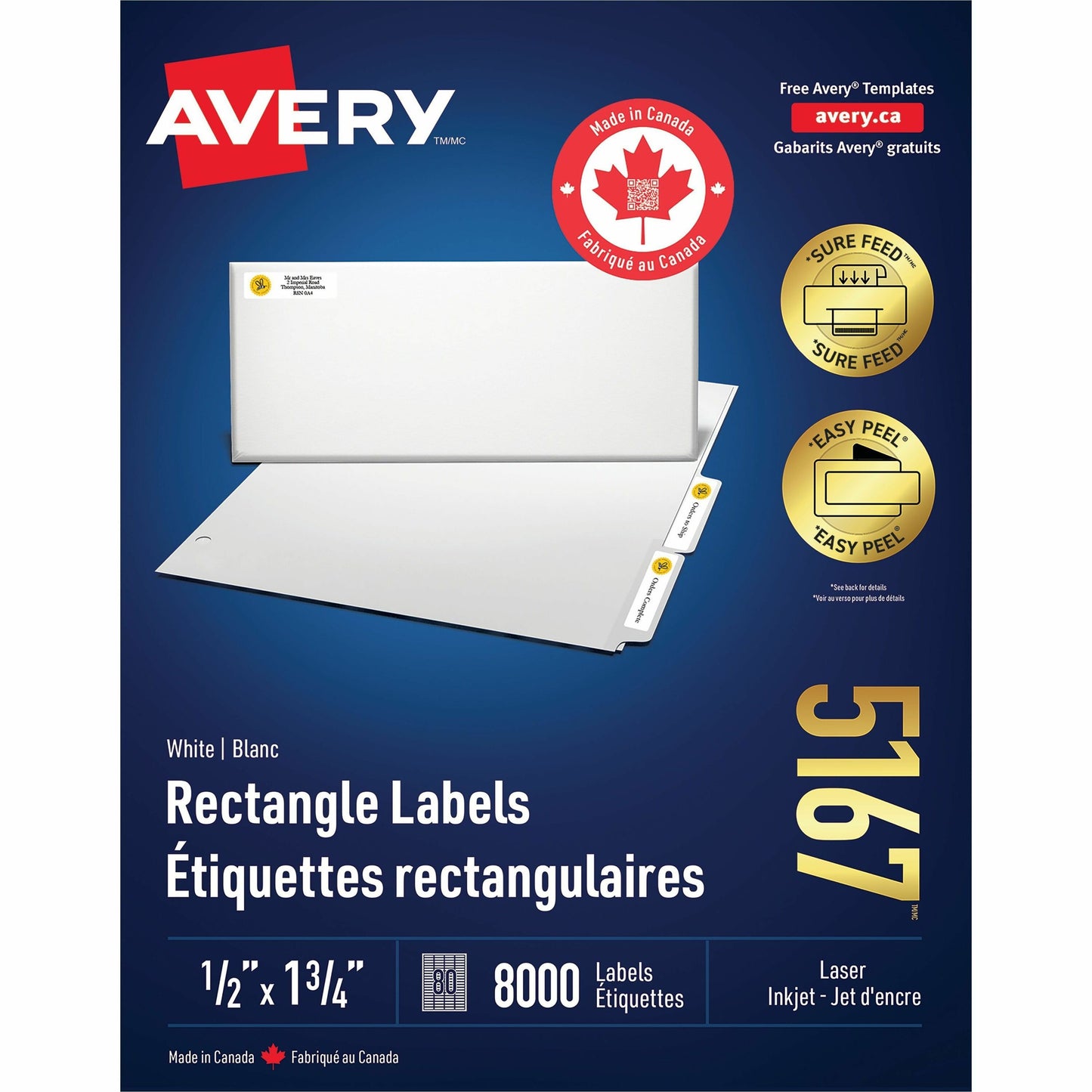 Avery White Rectangle Labels with Sure Feed™ Technology Easy Peel&reg;, 1-3/4" x 1/2" , Permanent Adhesive, for Laser and Inkjet Printers