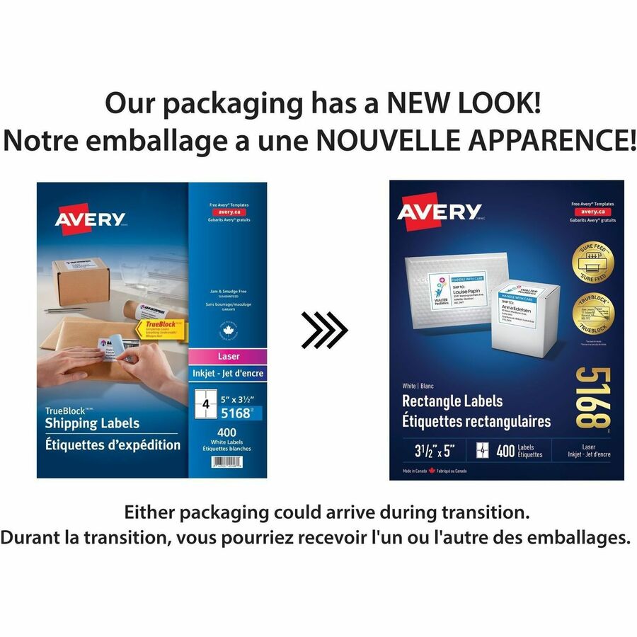 Avery White Rectangle Labels with Sure Feed™ Technology TrueBlock&reg; 3-1/2" x 5" , Permanent Adhesive, for Laser and Inkjet Printers - 05168