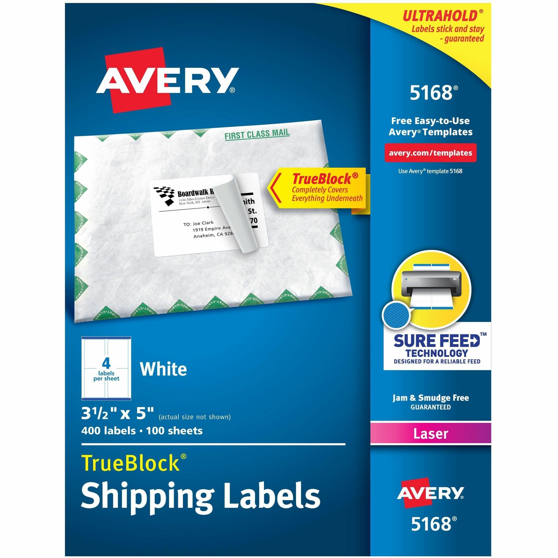 Avery&reg; White Rectangle Labels with Sure Feed&trade; TechnologyTrueBlock&reg; 3-1/2" x 5" , for Laser and Inkjet Printers