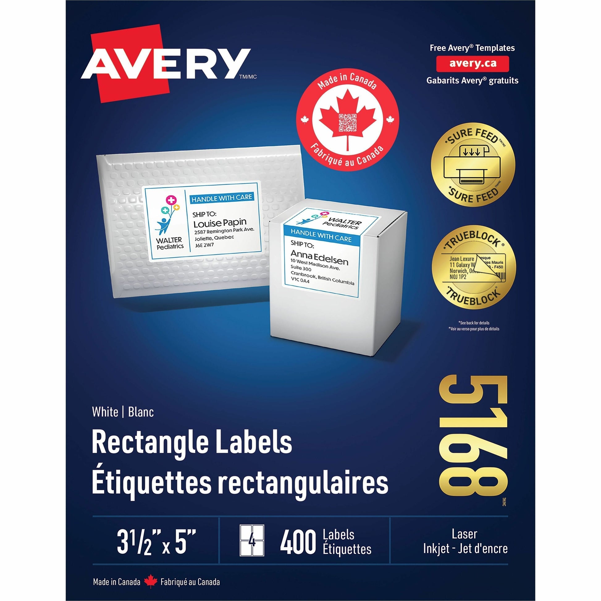 Avery White Rectangle Labels with Sure Feed™ Technology TrueBlock&reg; 3-1/2" x 5" , Permanent Adhesive, for Laser and Inkjet Printers