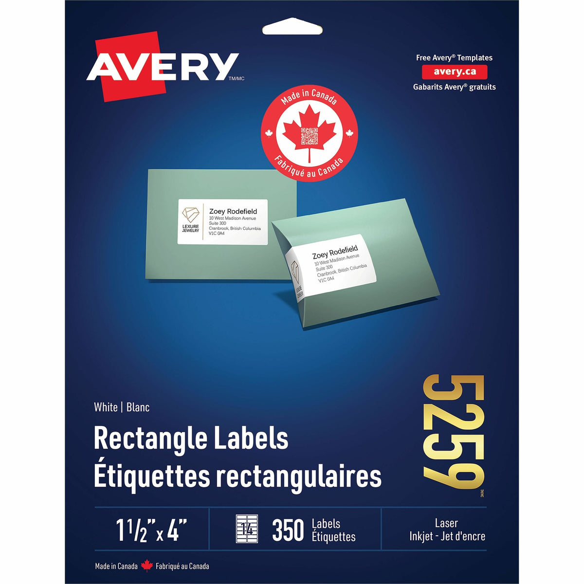 Avery White Rectangle Labels 1 1/2" x 4" , Permanent Adhesive, for Laser and Inkjet Printers