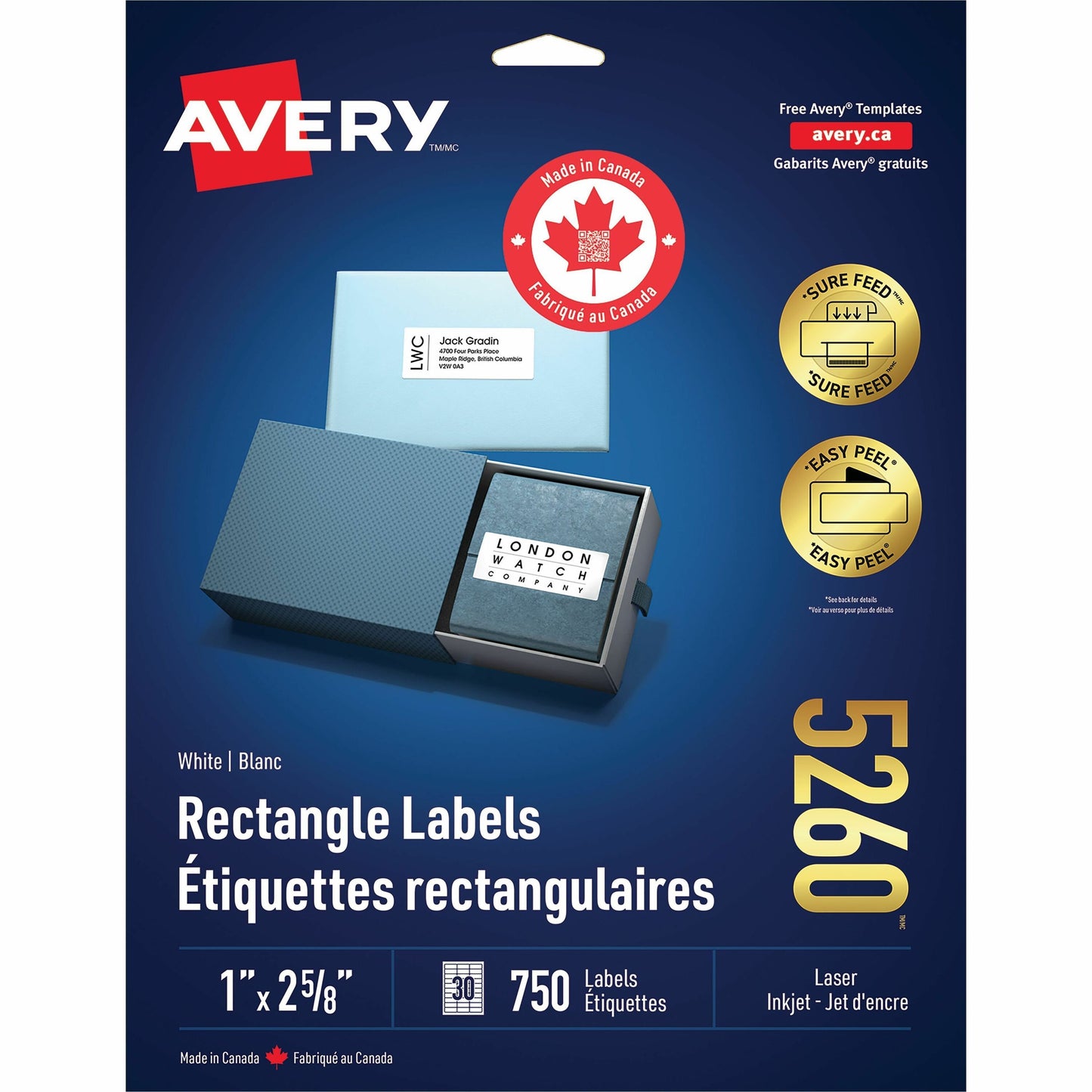 Avery White Rectangle Labels with Sure Feed™ Technology Easy Peel&reg;, 1" x 2-5/8" , Permanent Adhesive, for Laser and Inkjet Printers