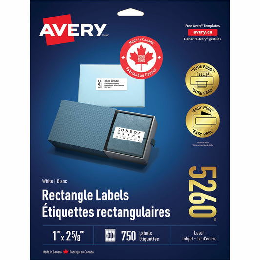 Avery White Rectangle Labels with Sure Feed™ Technology Easy Peel&reg;, 1" x 2-5/8" , Permanent Adhesive, for Laser and Inkjet Printers