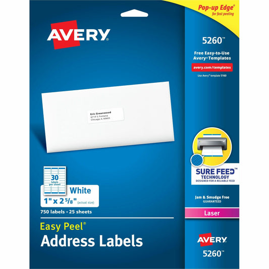 Avery&reg; White Rectangle Labels with Sure Feed&trade; Technology,Easy Peel&reg;, 1" x 2-5/8" , for Laser and Inkjet Printers