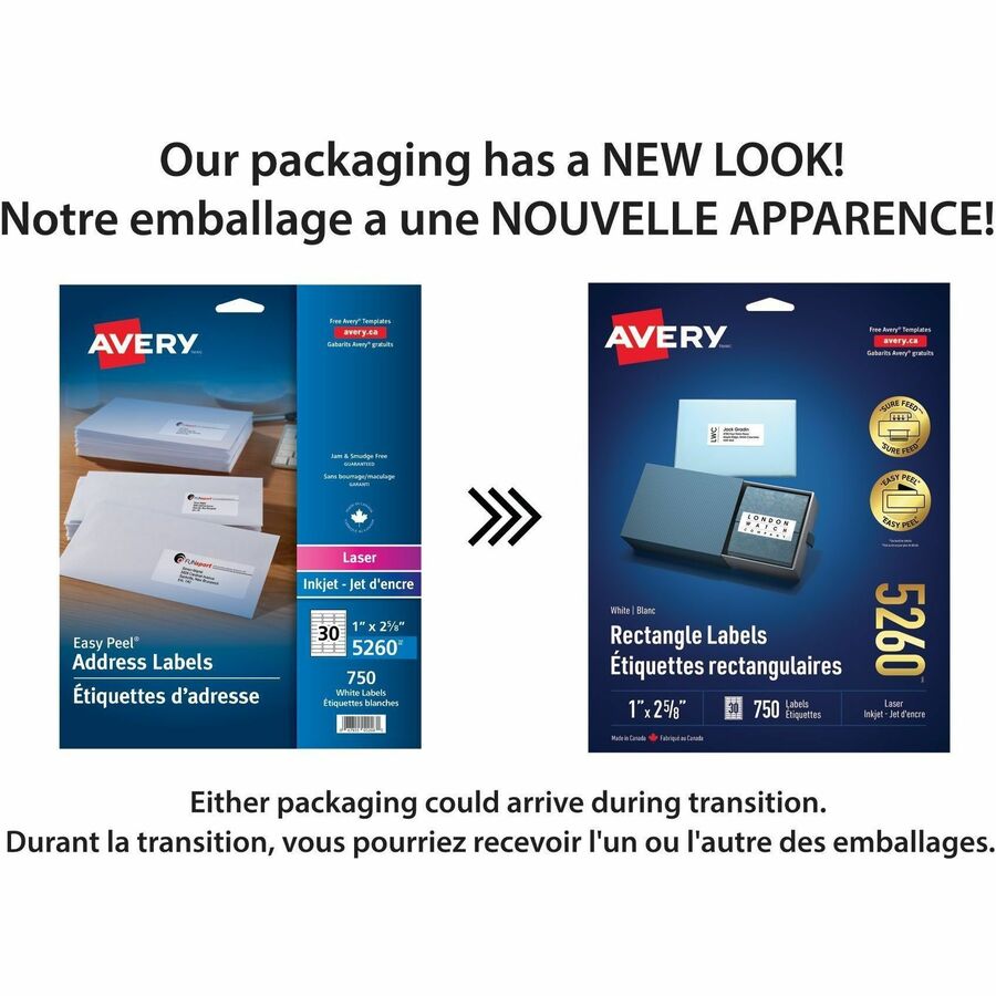 Avery White Rectangle Labels with Sure Feed™ Technology Easy Peel&reg;, 1" x 2-5/8" , Permanent Adhesive, for Laser and Inkjet Printers - 05260