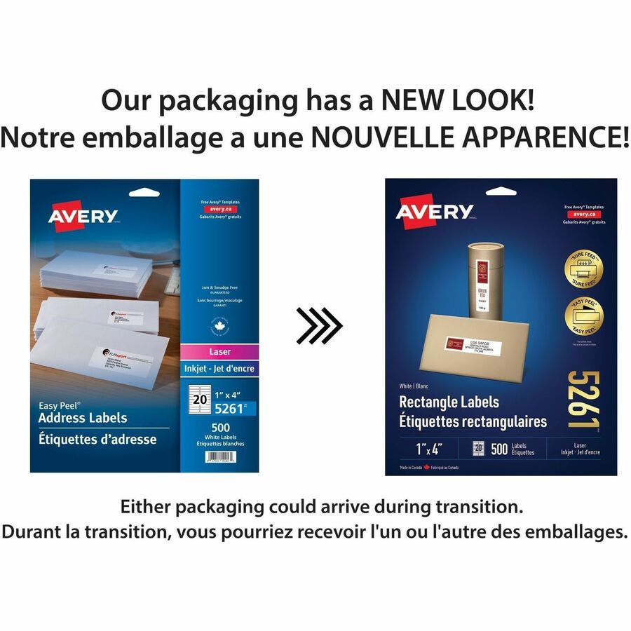 Avery White Rectangle Labels with Sure Feed™ Technology with Easy Peel&reg;, 1" x 4" , for Laser and Inkjet Printers - 05261