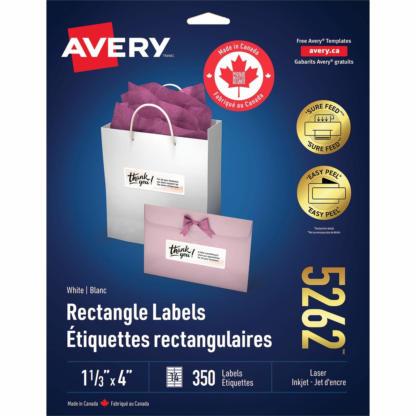 Avery White Rectangle Labels with Sure Feed™ Technology Easy Peel&reg;, 1-1/3" x 4" , Permanent Adhesive, for Laser and Inkjet Printers