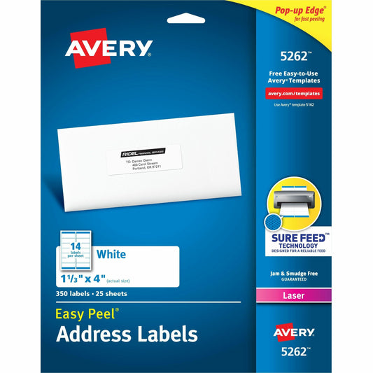 Avery&reg; White Rectangle Labels with Sure Feed™ TechnologyEasy Peel&reg;, 1-1/3" x 4" , for Laser and Inkjet Printers