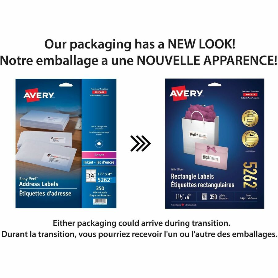 Avery White Rectangle Labels with Sure Feed™ Technology Easy Peel&reg;, 1-1/3" x 4" , Permanent Adhesive, for Laser and Inkjet Printers - 05262