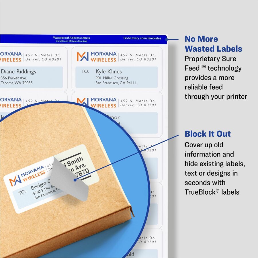 Avery&reg; White Rectangle Labels with Sure Feed&trade; Technology, TrueBlock&reg;, 2" x 4" , for Laser and Inkjet Printers - 05263