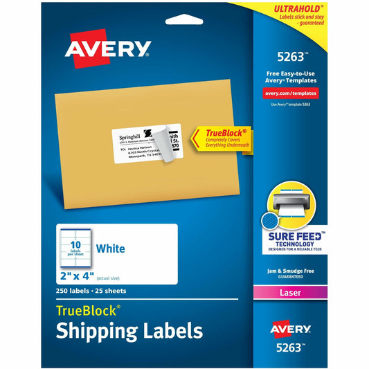 Avery&reg; White Rectangle Labels with Sure Feed&trade; Technology, TrueBlock&reg;, 2" x 4" , for Laser and Inkjet Printers