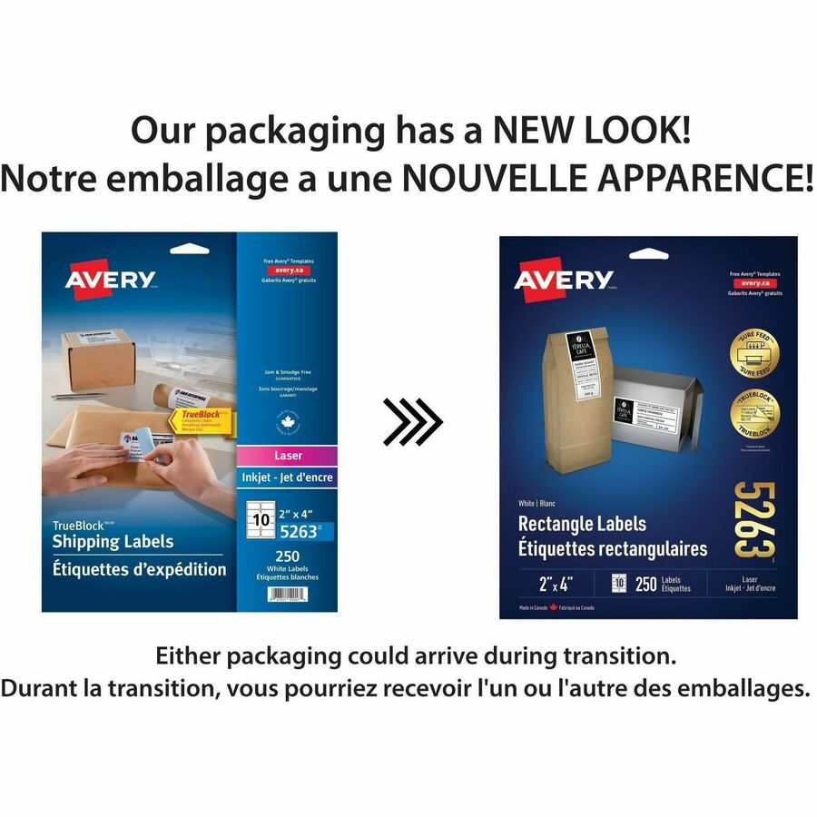 Avery White Rectangle Labels with with Sure Feed™Technology TrueBlock&reg;, 2" x 4" , Permanent Adhesive, for Laser and Inkjet Printers - 05263