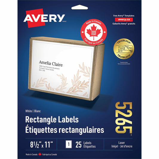 Avery White Rectangle Labels TrueBlock&reg;, 11" x 8-1/2" , Permanent Adhesive, for Laser and Inkjet Printers