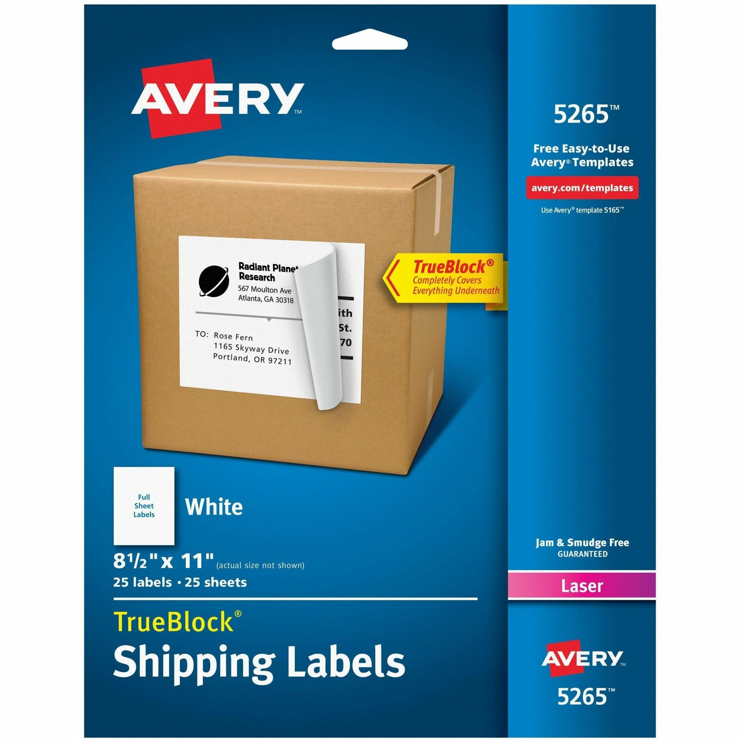 Avery&reg; White Rectangle LabelsTrueBlock&reg;, 8-1/2" x 11" , Permanent Adhesive, for Laser and Inkjet Printers