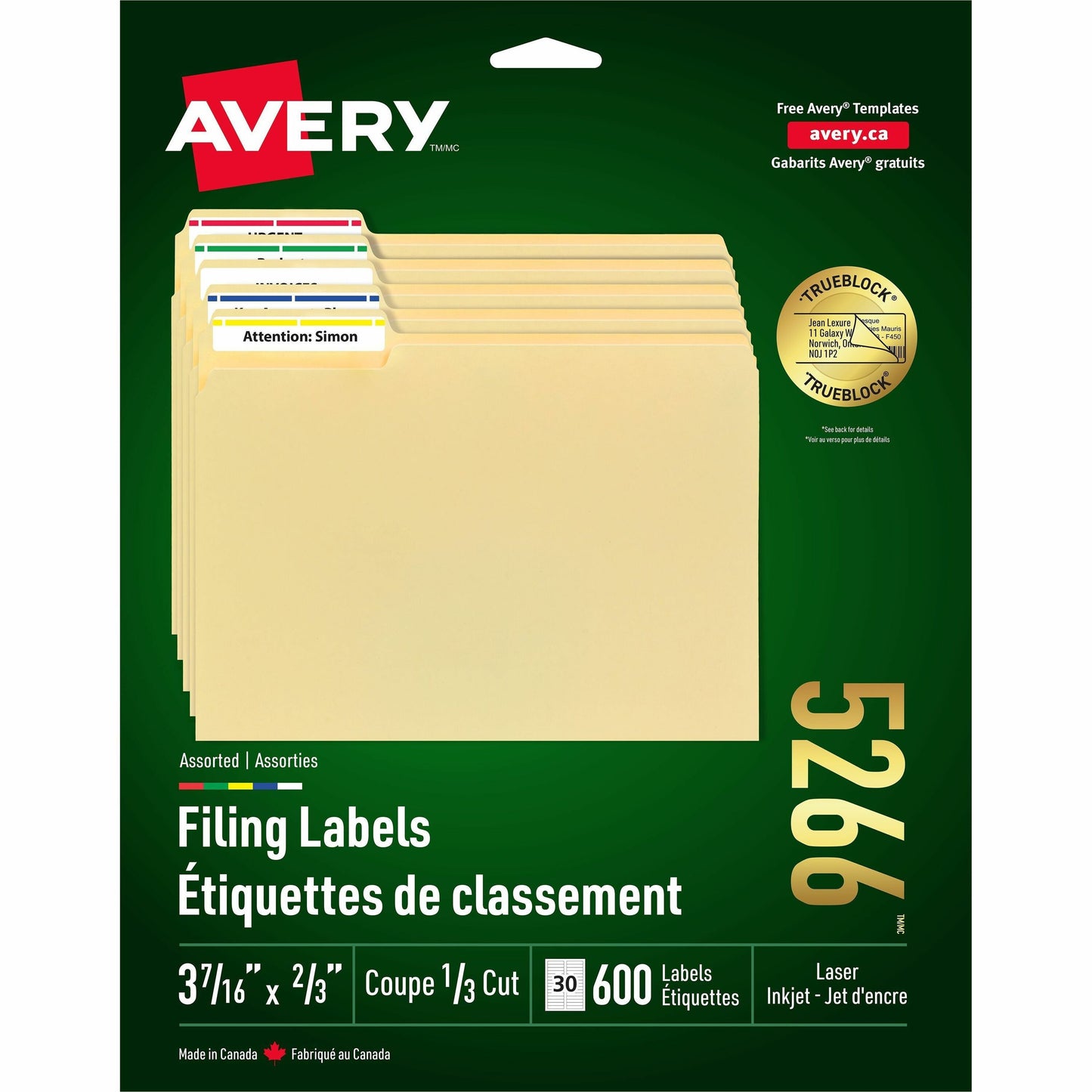 Avery&reg; Filing Labelswith TrueBlock™ Technology for Laser and Inkjet Printers, 2/3" x 3-7/16" , Assorted Colours, 600/pk